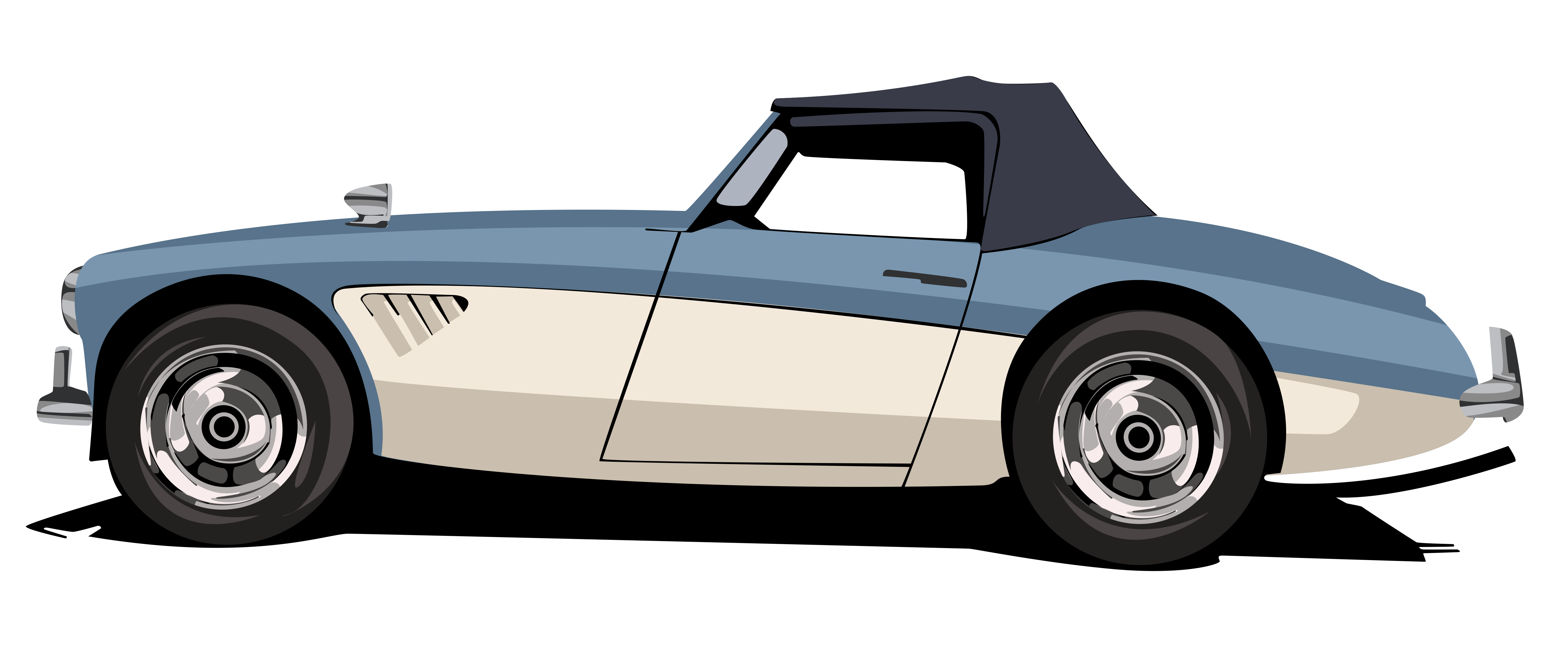 Cartoon-like render profile view of a vintage two-tone Austin Healey 3000 in blue and white