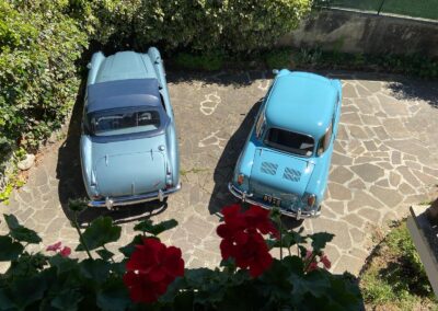 Austin Healey 3000 and NSU Prinz parked side by side, from above