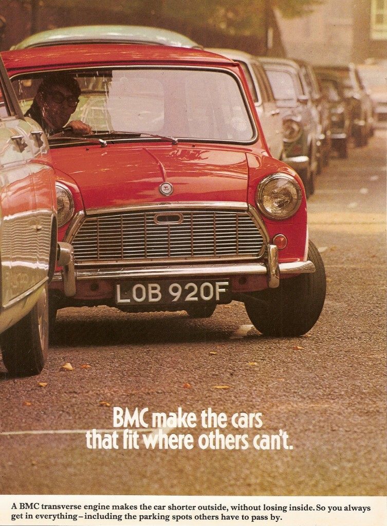 Vintage Mini car advert with red Mini parking