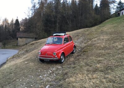 Red Fiat 500 parked on a hill in a forest