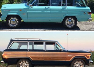 2 vintage Jeeps:Turquoise Jeep Kaiser and Brown Grand Wagoneer