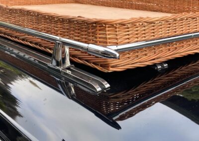 Closeup of picnic basket on roof rack of a station wagon