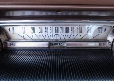 Closeup of vintage speedometer on Ford station wagon